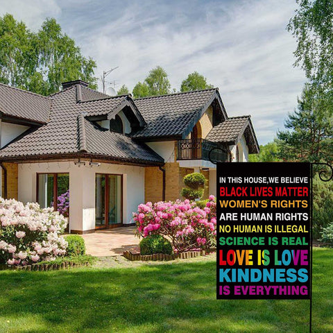 UPINLOOK Pride garden flag text detail highlights In This House We Believe message.