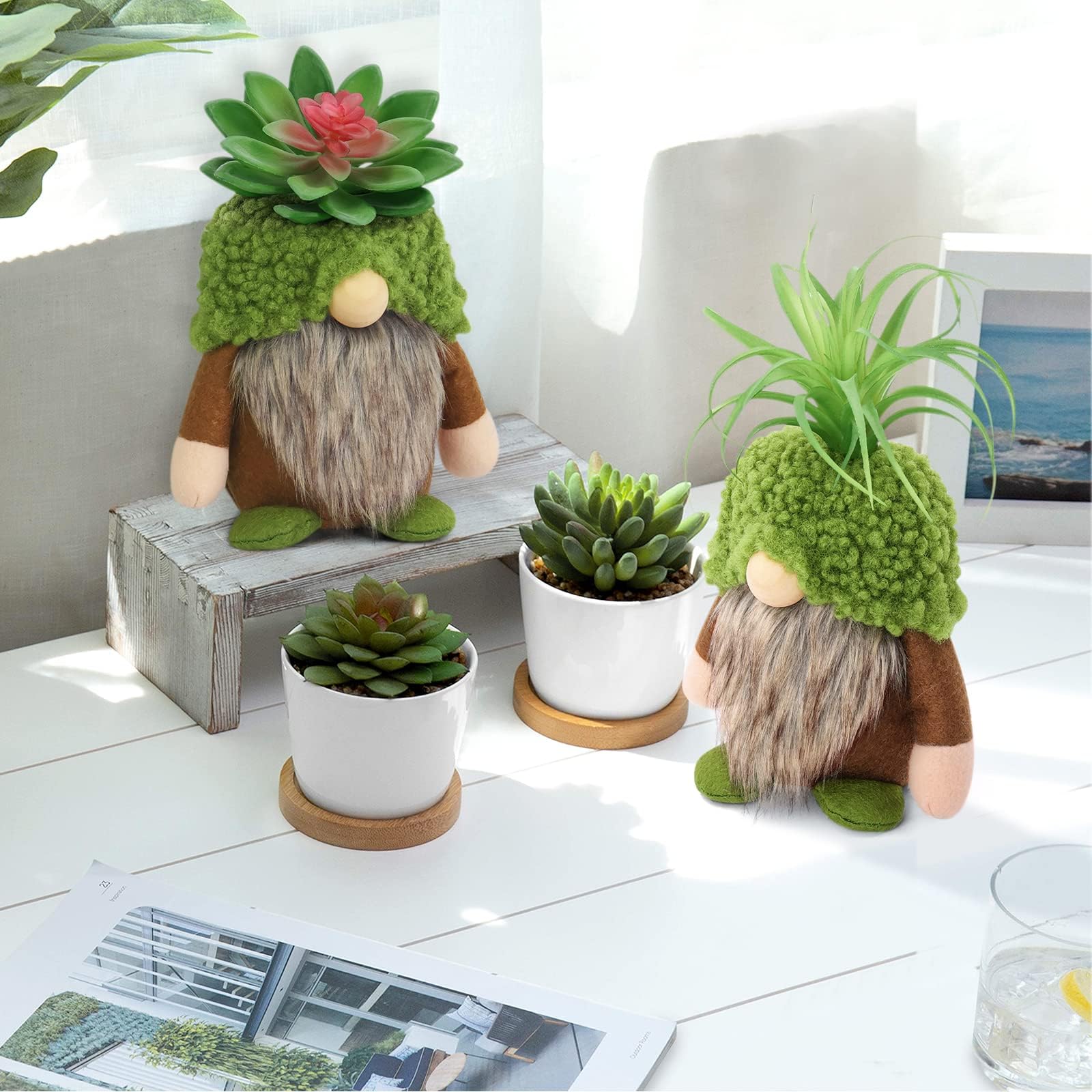 Upltowtme Swedish plush tiered-tray gnomes add rustic table decor.