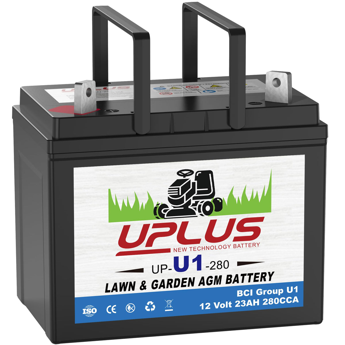 UPLUS U1 riding lawn mower battery close-up highlighting AGM construction for long life.