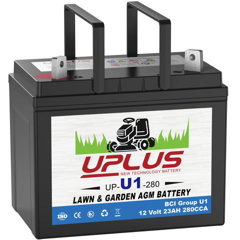 UPLUS U1 riding lawn mower battery close-up highlighting AGM construction for long life.