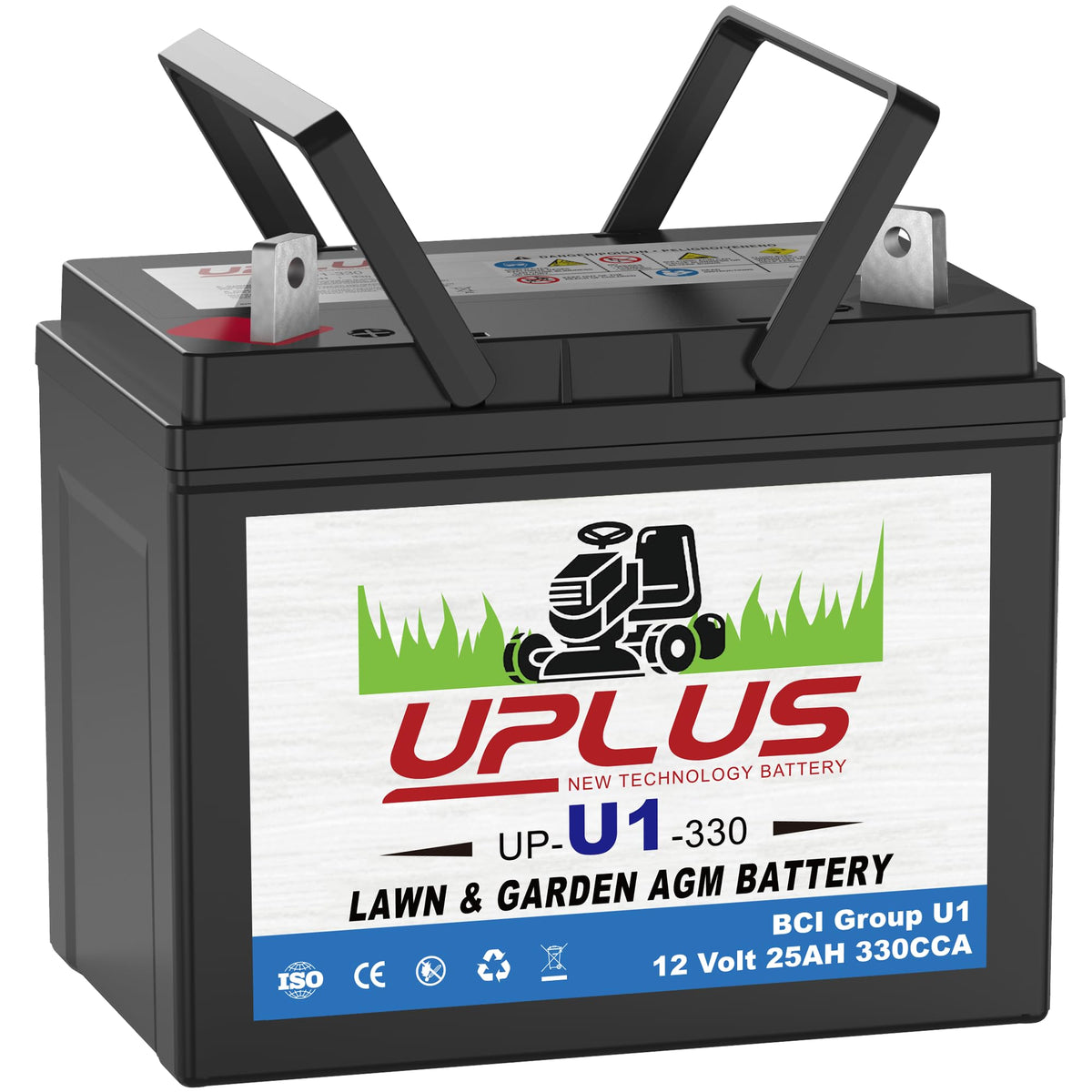 UPLUS U1 battery close-up showing robust AGM design for mower reliability.