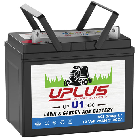UPLUS U1 battery close-up showing robust AGM design for mower reliability.