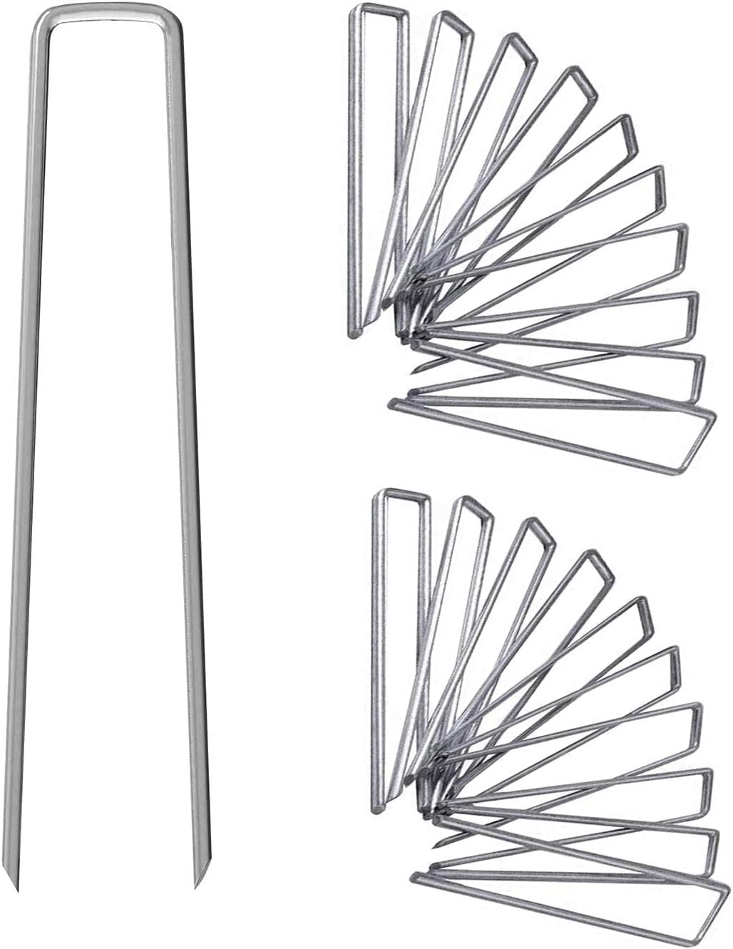 UPMCT 12-inch galvanized staples securing landscape fabric with rust resistance.