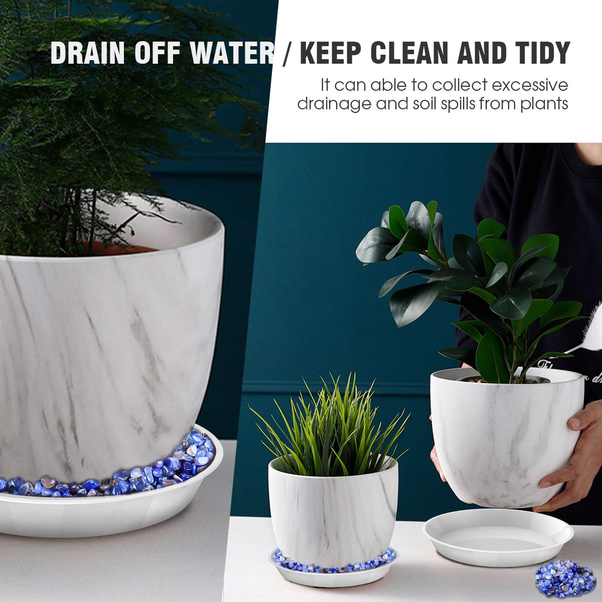 UPMCT 8-inch white plant saucer keeps pots tidy and drains away.