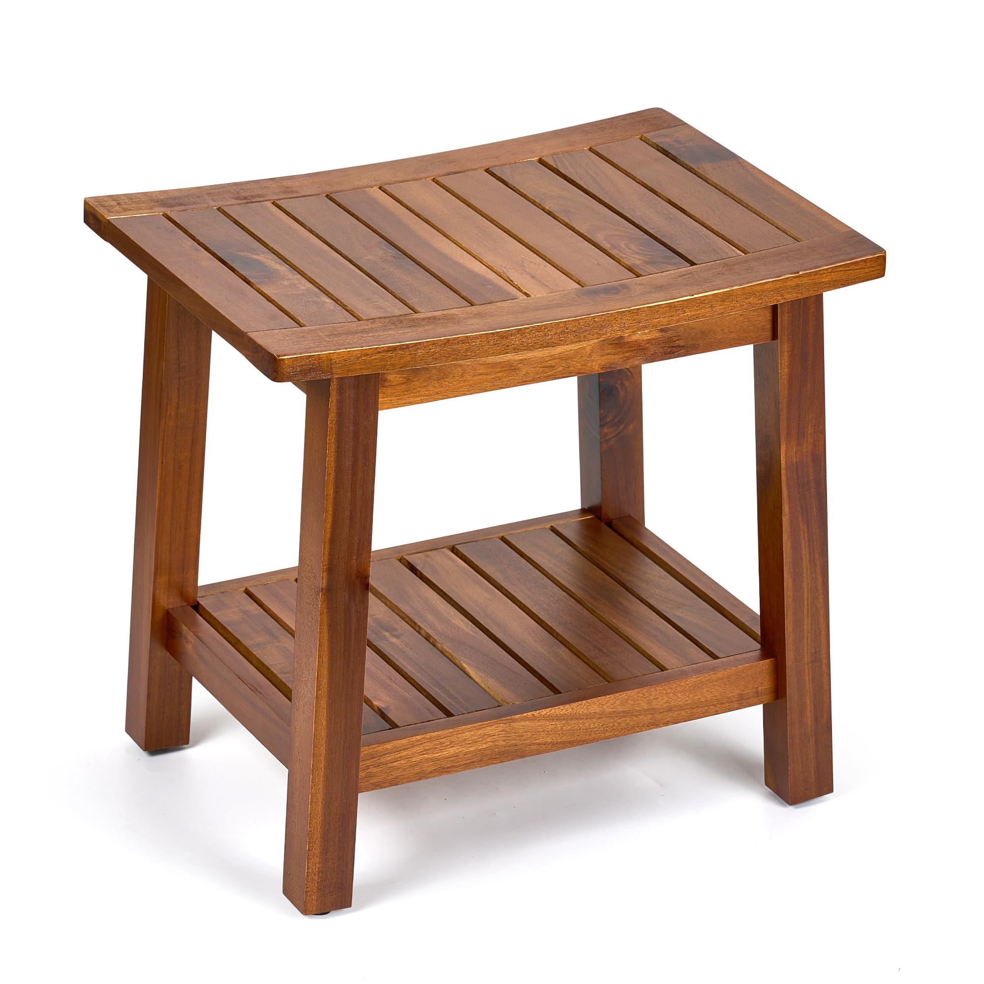 Upolana outdoor shower bench seat in acacia wood offers sturdy, comfortable seating.