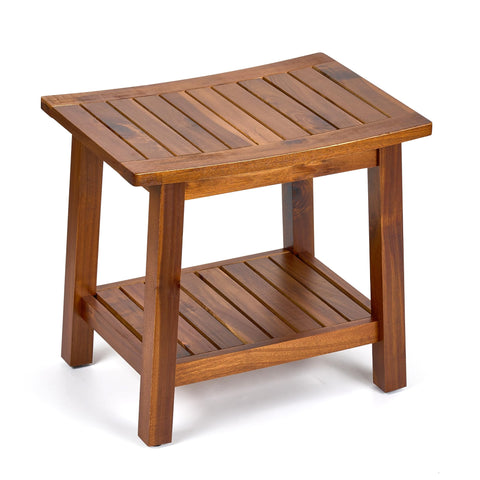 Upolana outdoor shower bench seat in acacia wood offers sturdy, comfortable seating.