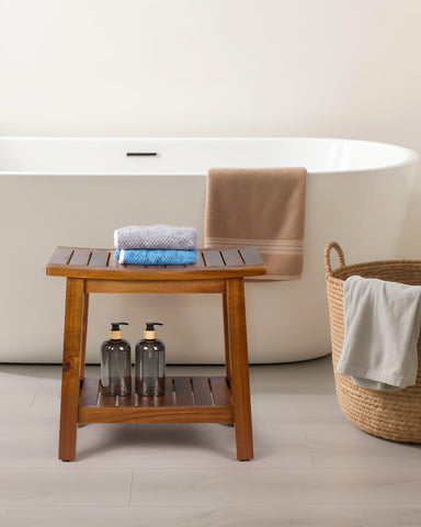 Upolana bench storage shelf keeps towels and toiletries within easy reach.