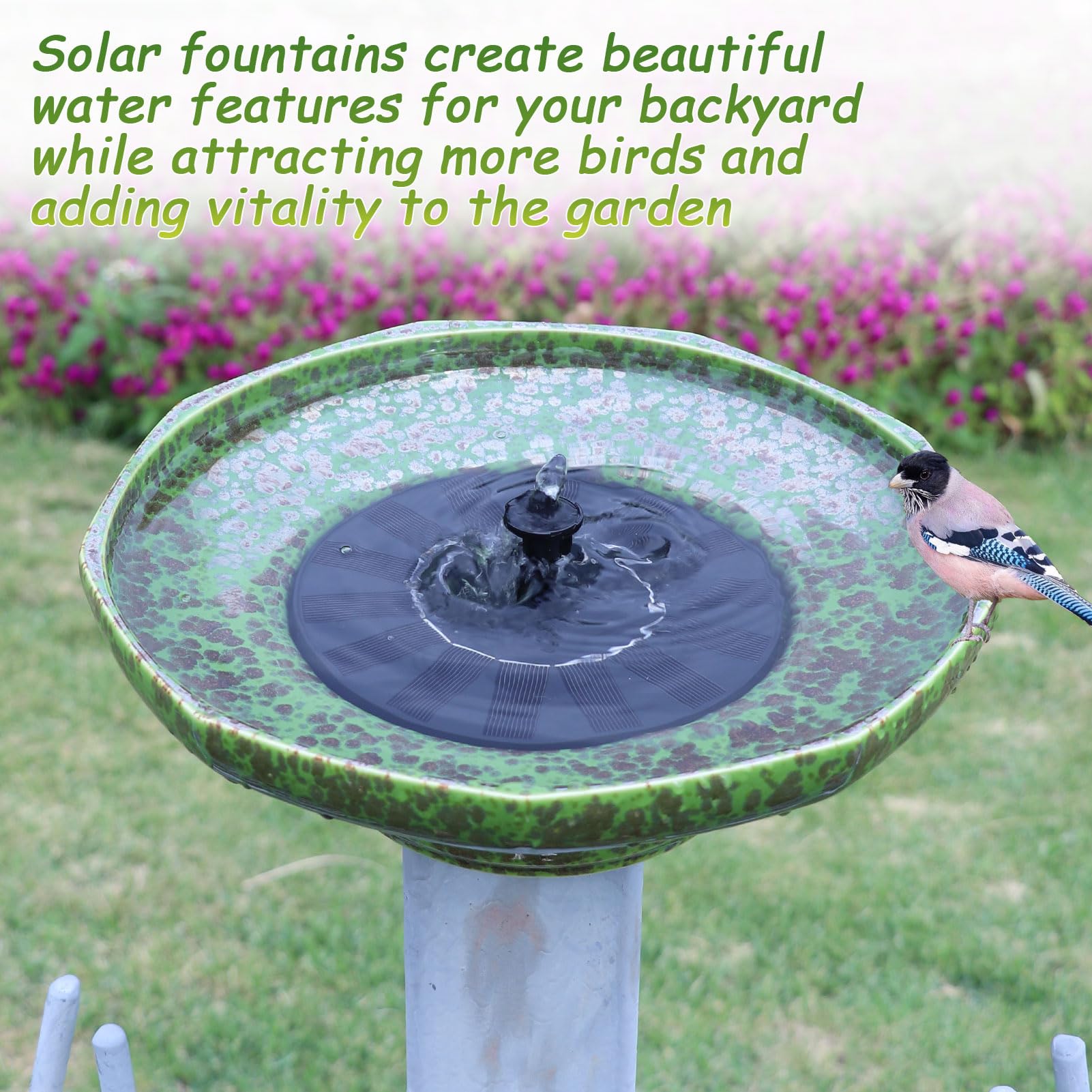 UPSJYJ solar fountain bird bath with visiting birds enjoying shallow water.