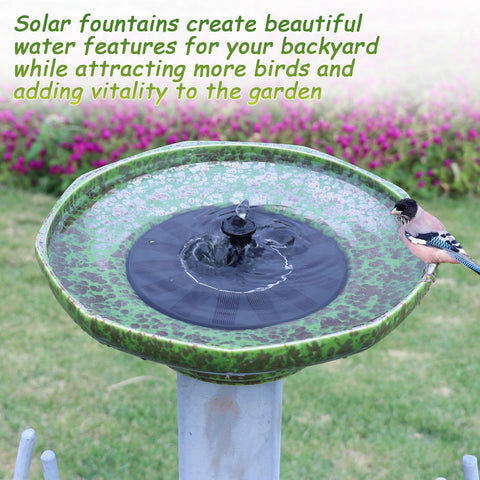 UPSJYJ solar fountain bird bath with visiting birds enjoying shallow water.