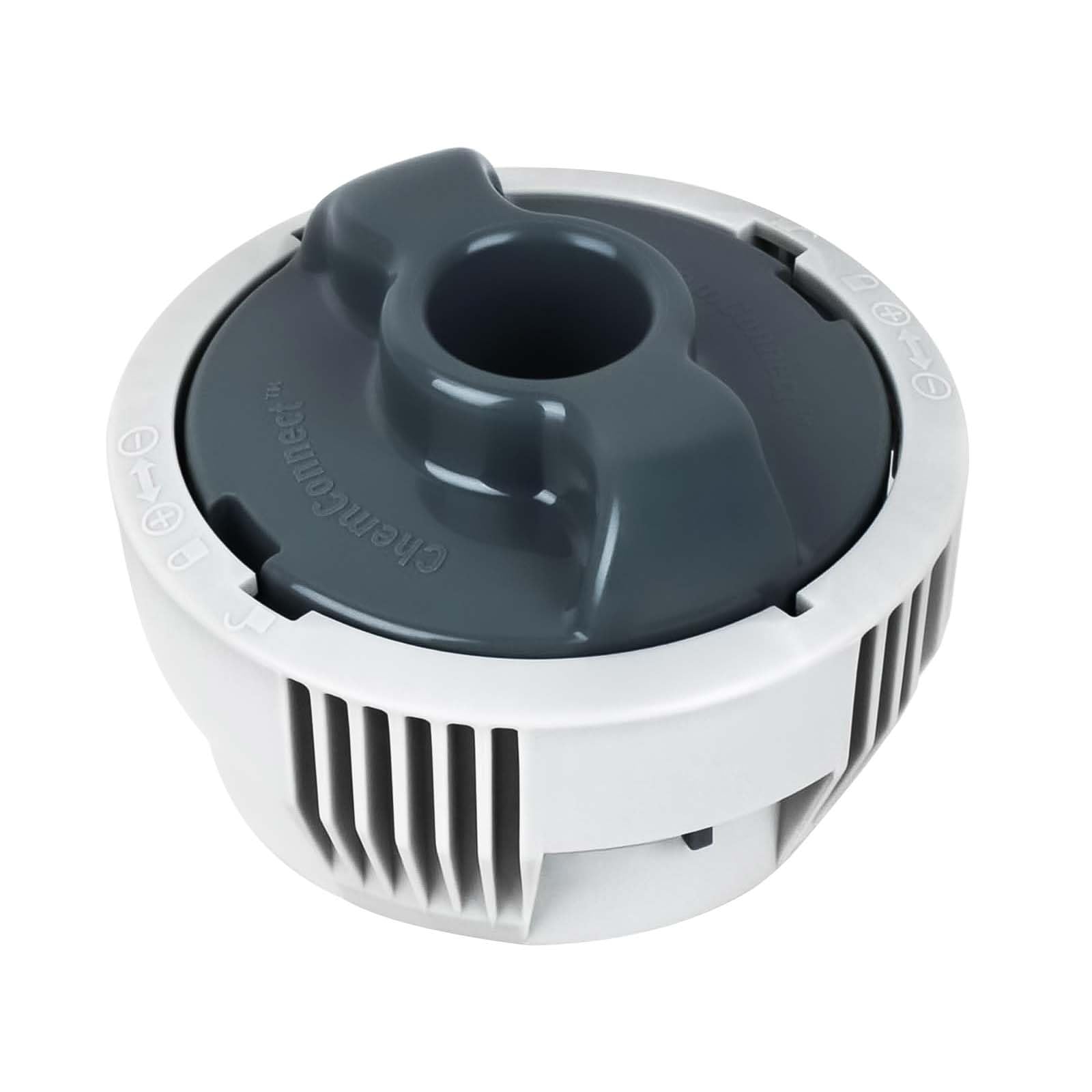 upuuup ChemConnect Dispenser mounted on Lay-Z-Spa connector for steady chlorine release.