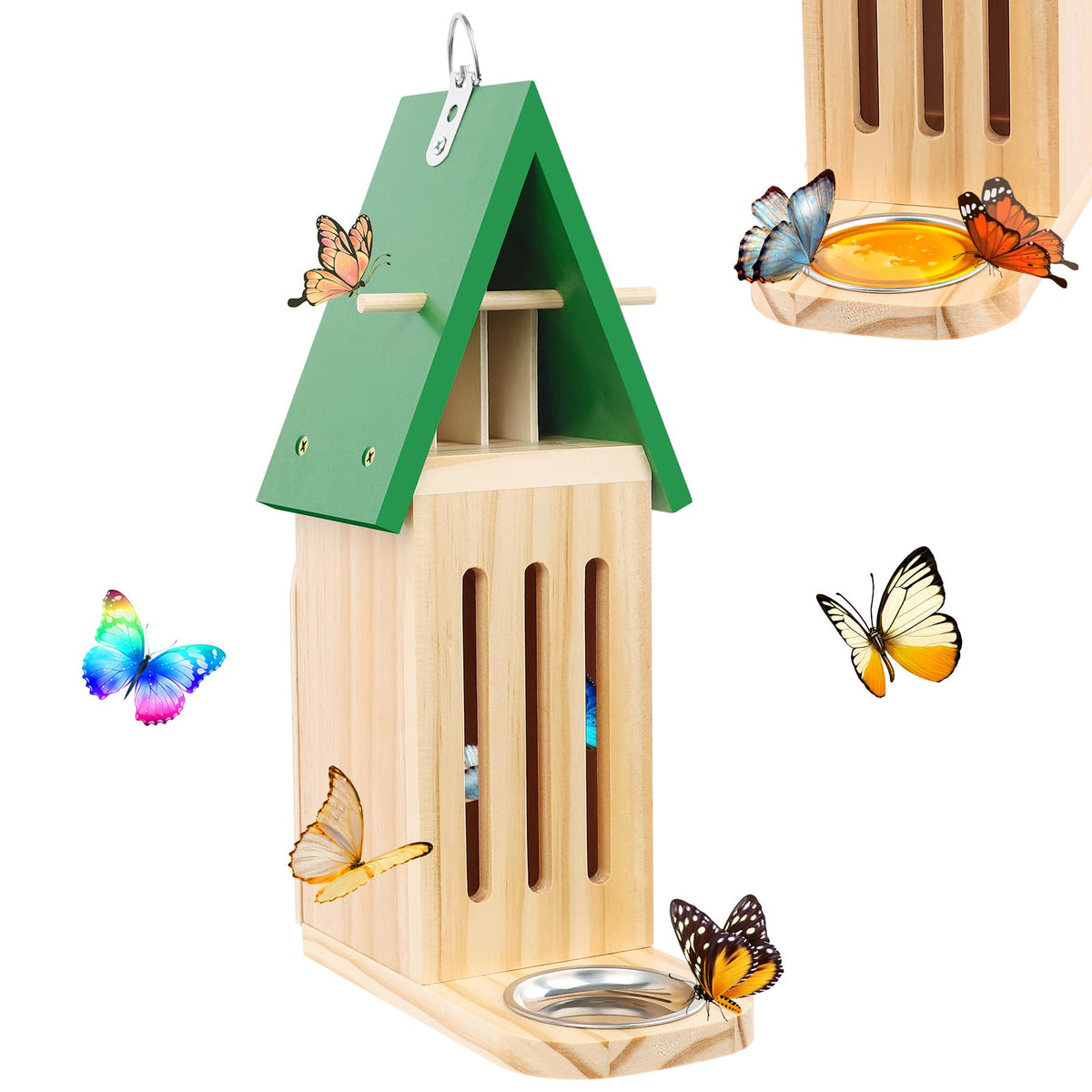UQM butterfly house outdoor wooden habitat shown in a garden setting.