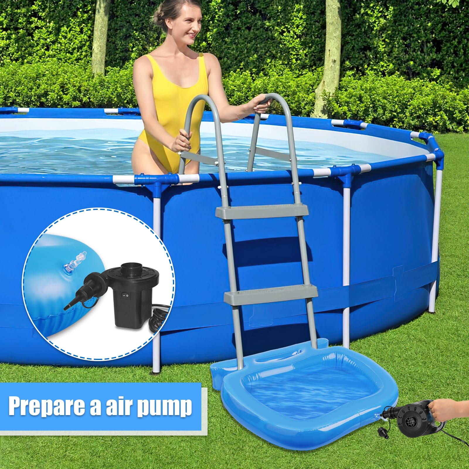 UQM foot bath ladder-hook design keeps the tray secure by the pool ladder.