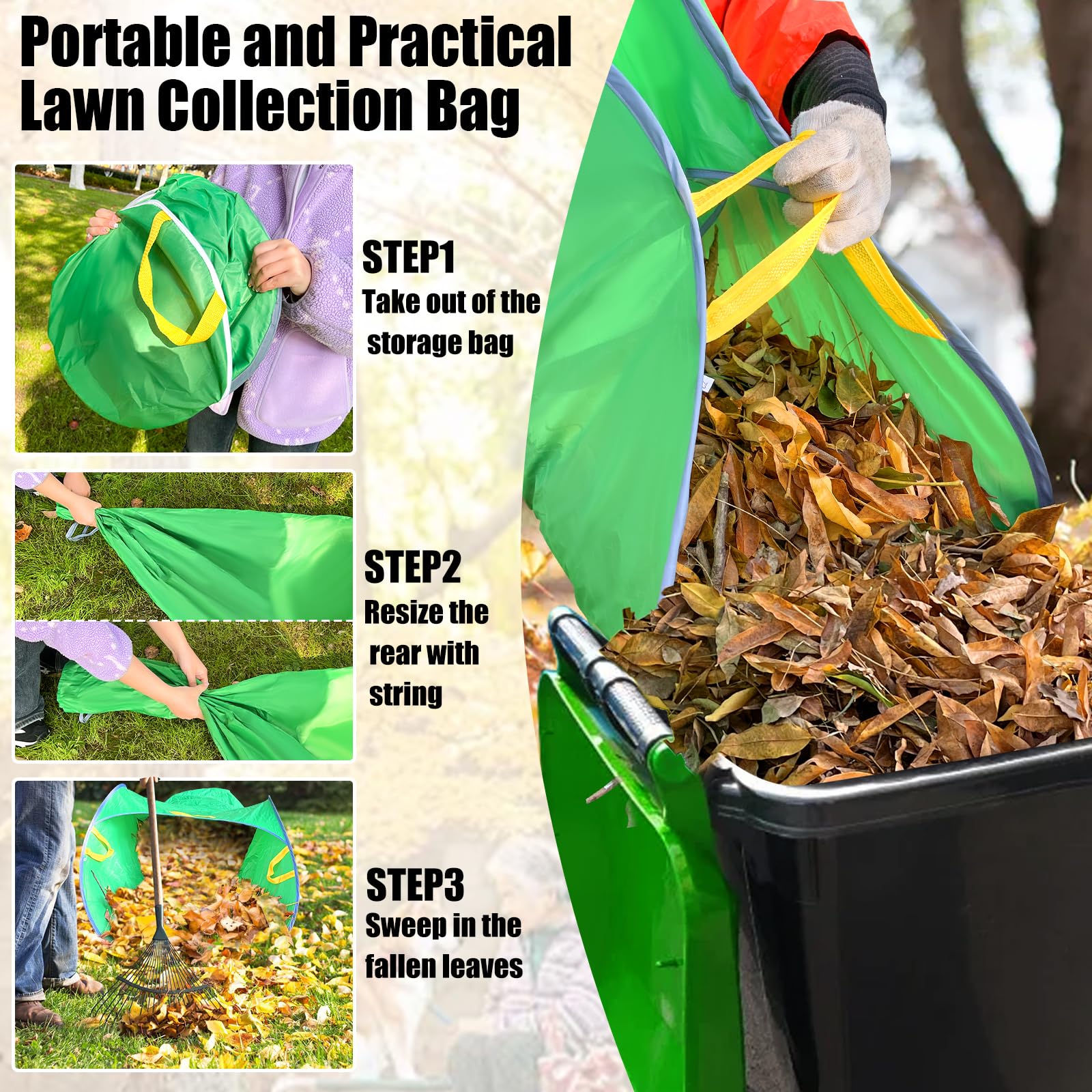 UQM Leaf Collector full bag ready for transfer to trash bin.