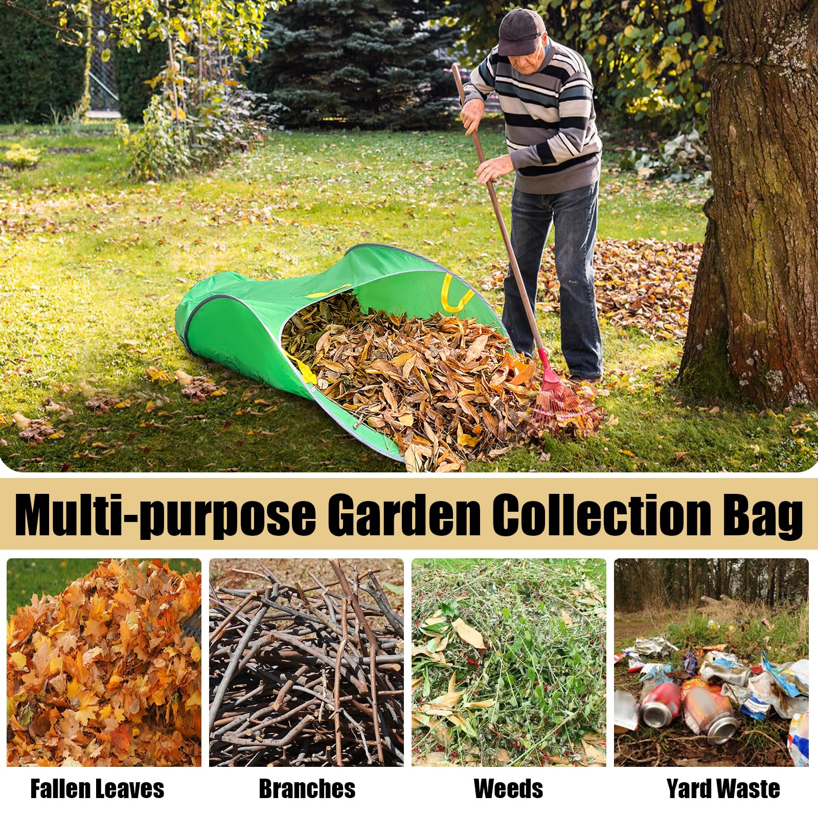 UQM Leaf Collector in use during a yard cleanup session.