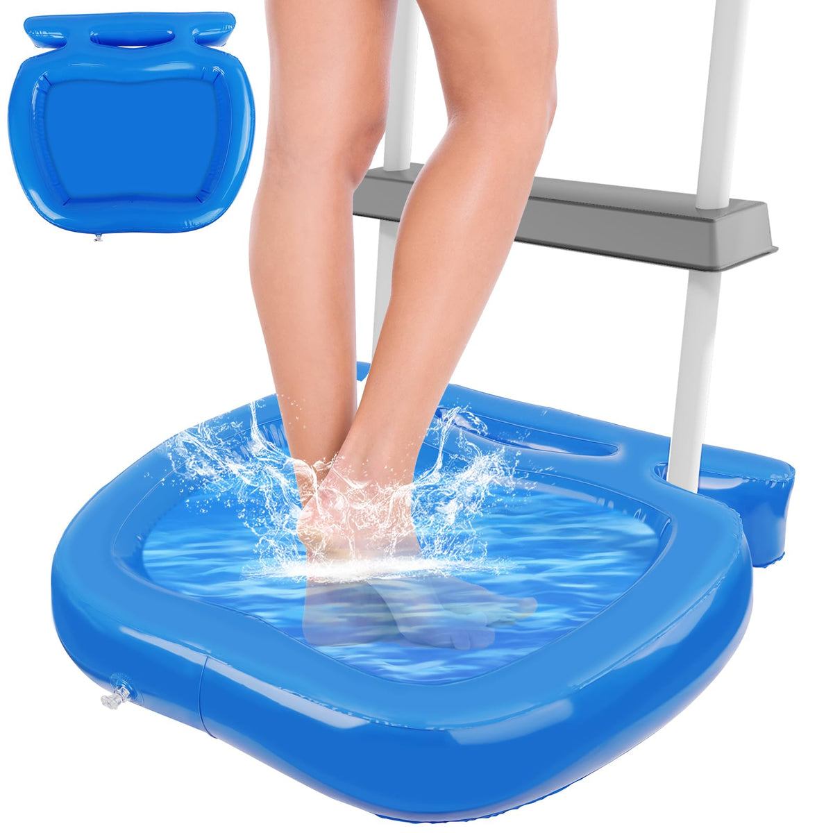 UQM pool foot bath inflatable tray ladder attachment keeps water clean at pool entry.
