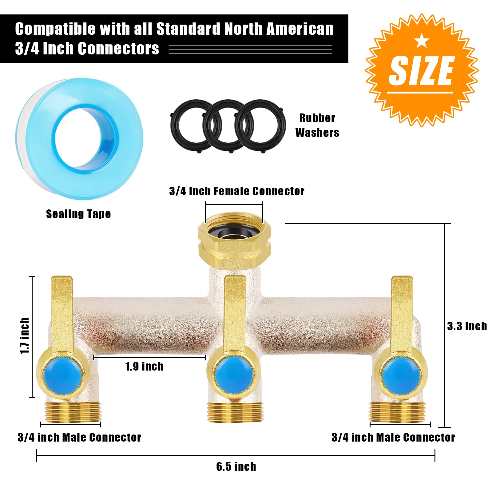 UQM brass extension handles on the hose splitter for comfortable grip and easy operation.
