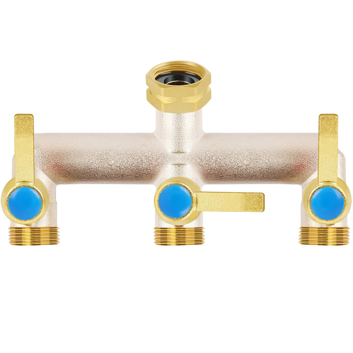UQM Upgraded Brass Garden Hose Splitter ports for three outlets with independent control.