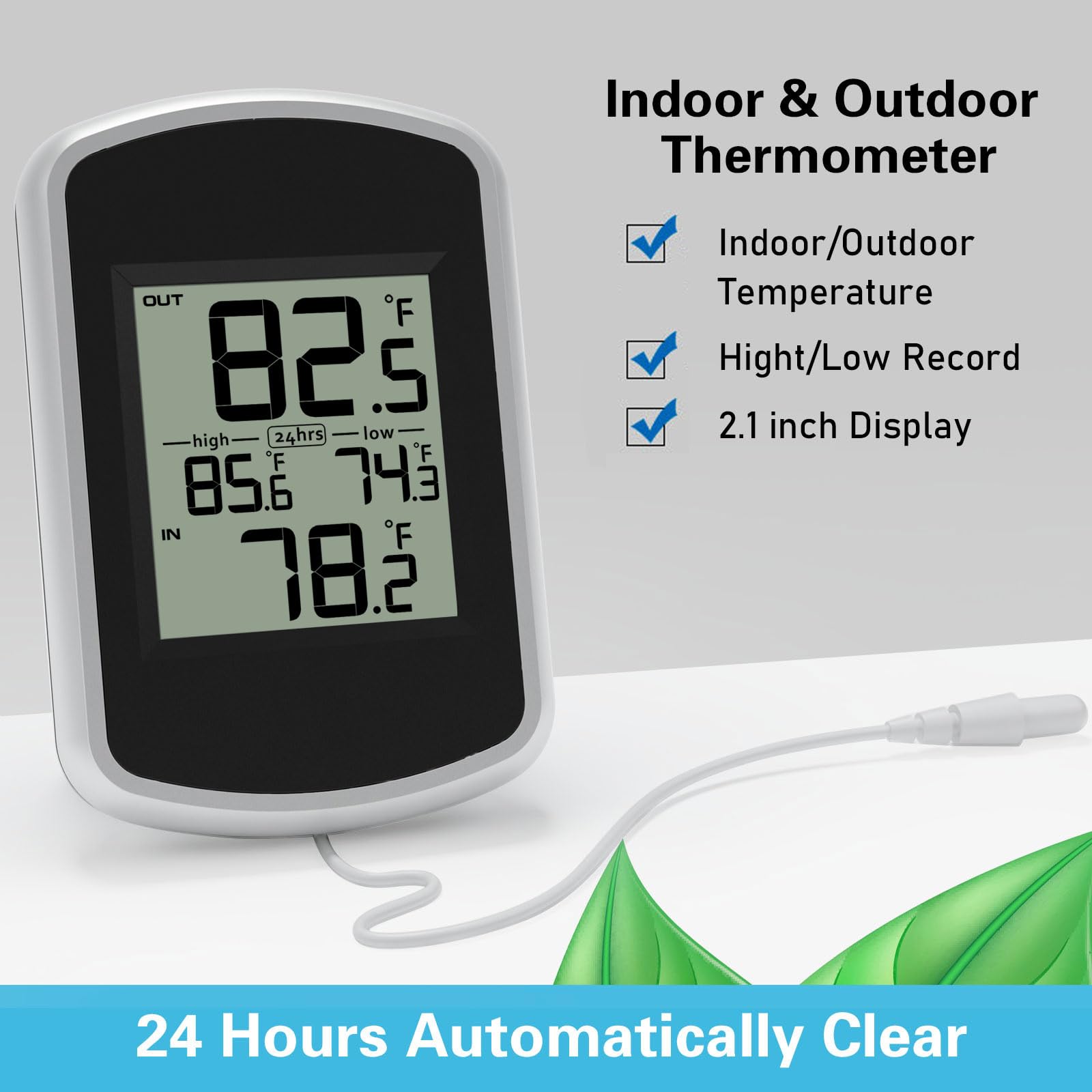 Urageuxy indoor-outdoor thermometer with long probe for flexible placement.