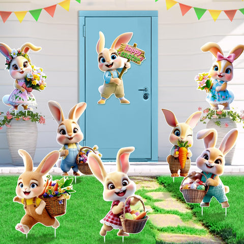Uranus&No.1 carrot-eating bunny sign adds playful charm to outdoor Easter display.