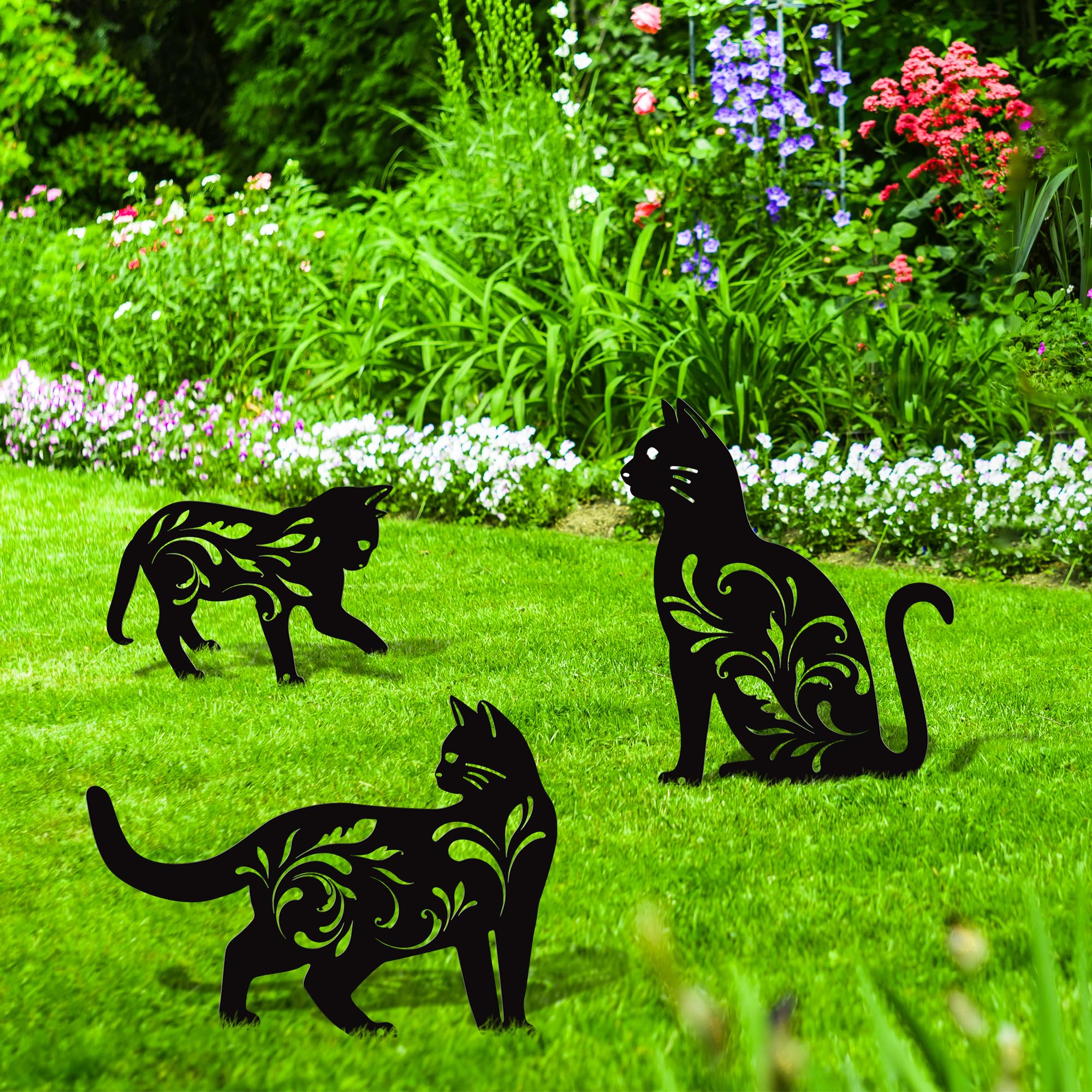 URATOT three-pack cat garden stakes anti-rust finish for year-round display.