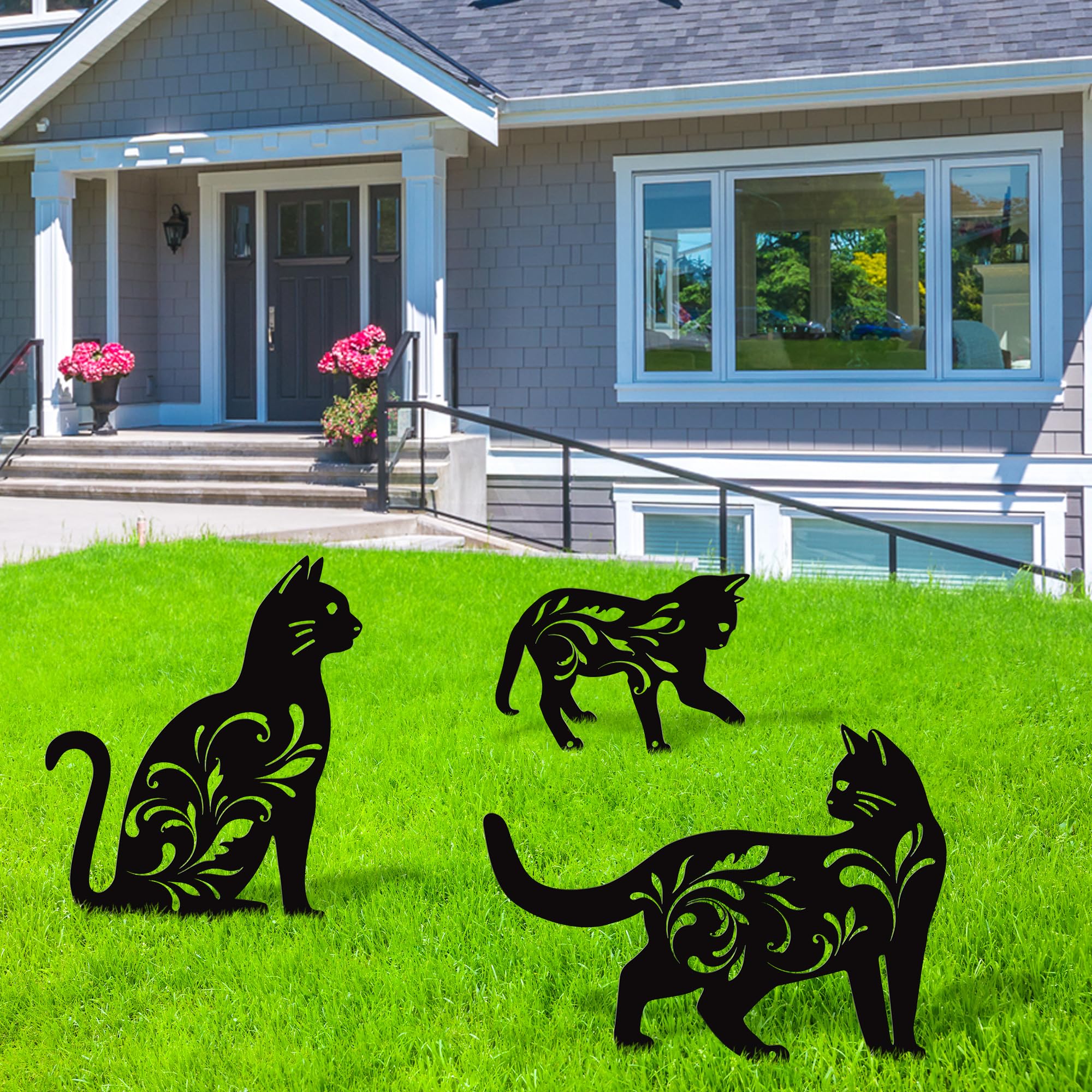 URATOT three-pack cat garden stakes installed securely with wooden stakes and screws.