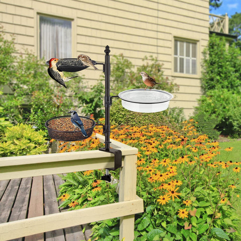 Urban Deco balcony railing bird feeder side view showing adjustable trays for flexibility