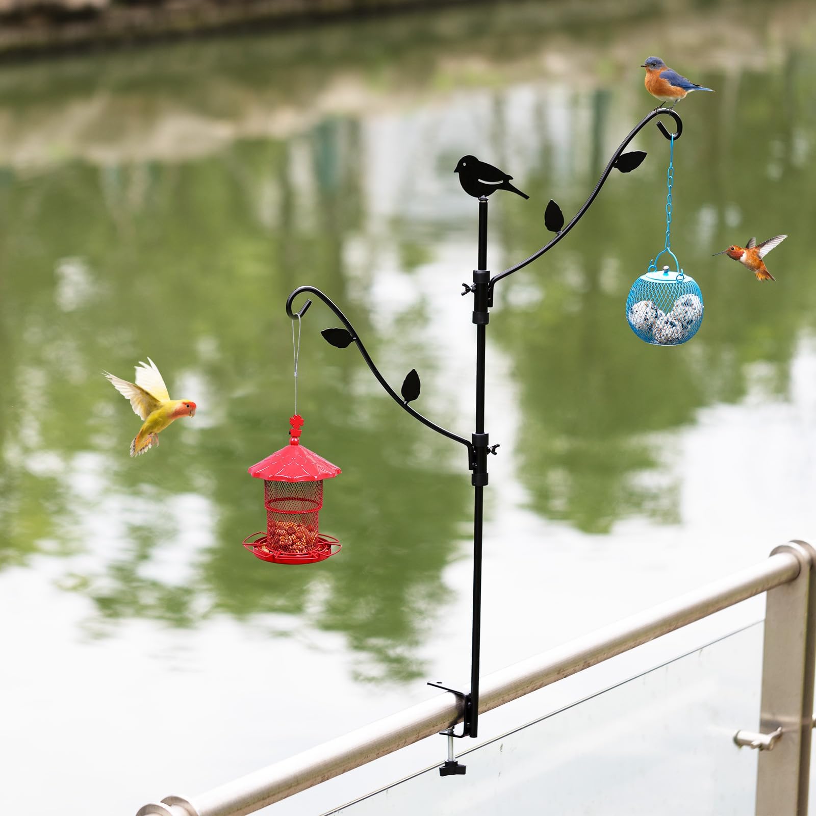 Urban Deco deck bird feeder with black powder coat for rust resistance.