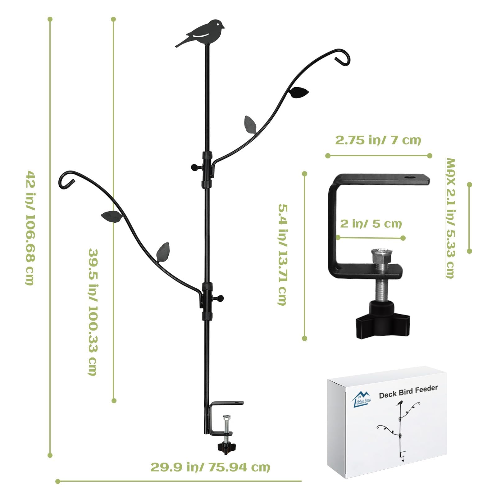 Urban Deco deck bird feeder on rail clamp for easy porch mounting.