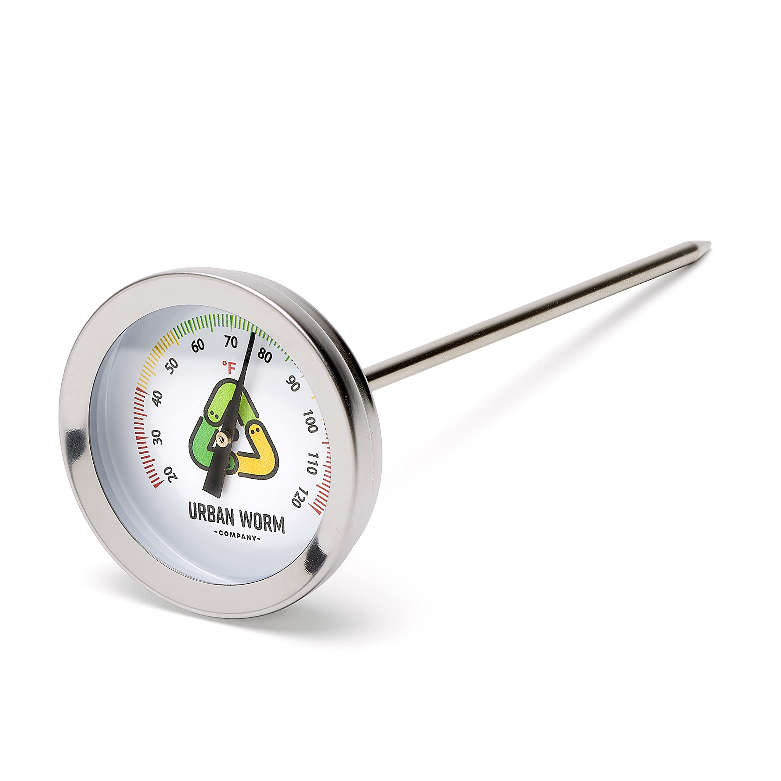 Urban Worm soil thermometer with five-inch stem in soil showing color-coded ticks for easy monitoring.