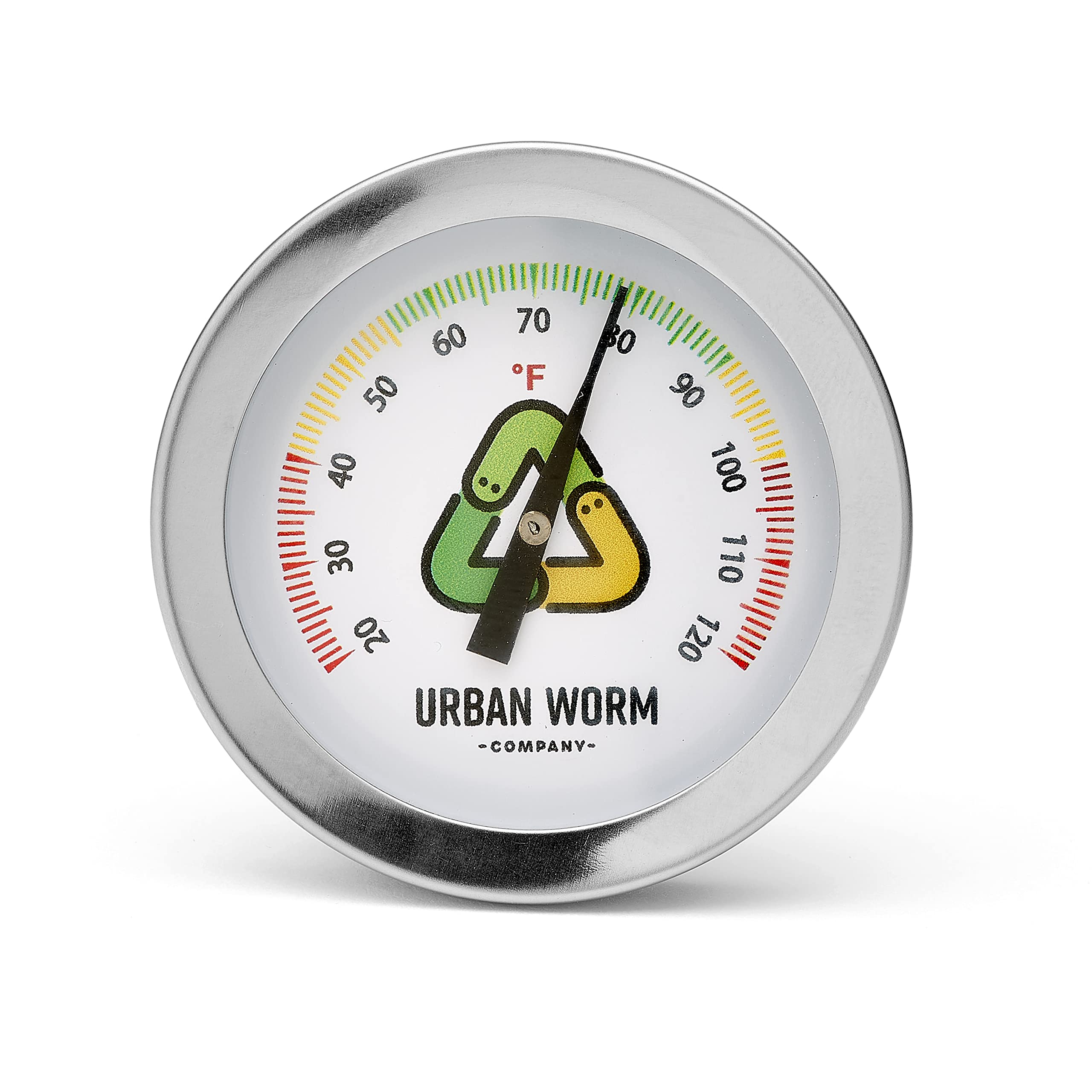 Close-up of Urban Worm thermometer color-coded green, yellow, and red ticks for quick temperature checks.