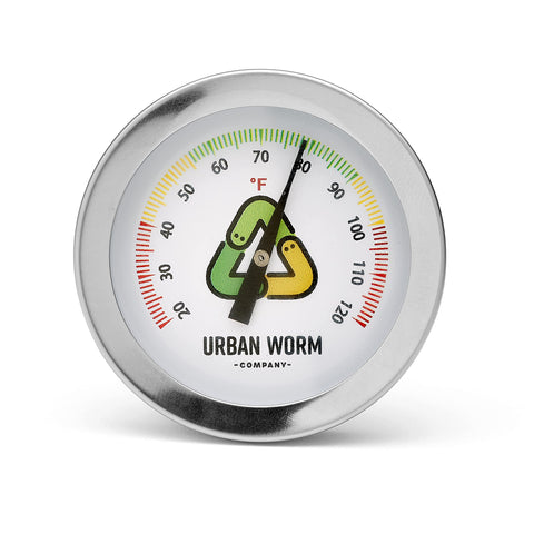 Close-up of Urban Worm thermometer color-coded green, yellow, and red ticks for quick temperature checks.