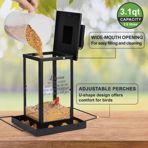 Urllinz memorial bird feeder stands up to outdoors with weather resistance.