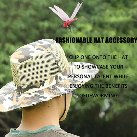 Urnuos dragonfly hat clip provides decorative pest deterrence on headwear
