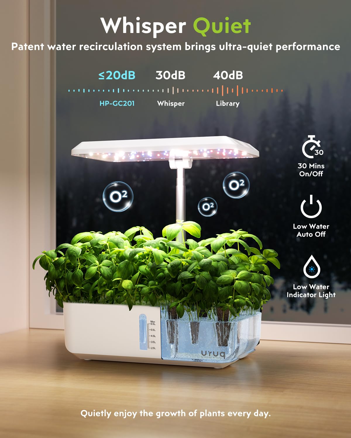 URUQ 12-pod hydroponics 6.5L tank supports long self-watering intervals.