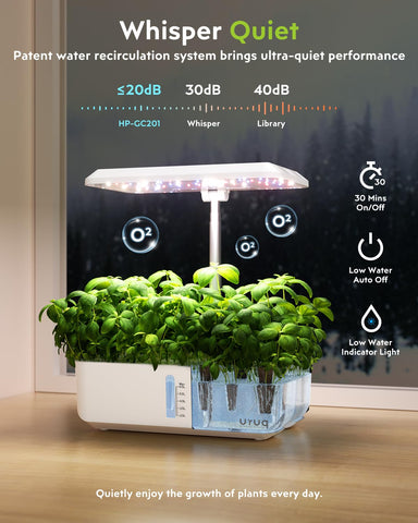 URUQ 12-pod hydroponics 6.5L tank supports long self-watering intervals.