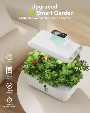 URUQ 12-pod hydroponics system light height adjustable demonstrates flexible lighting for various plants.