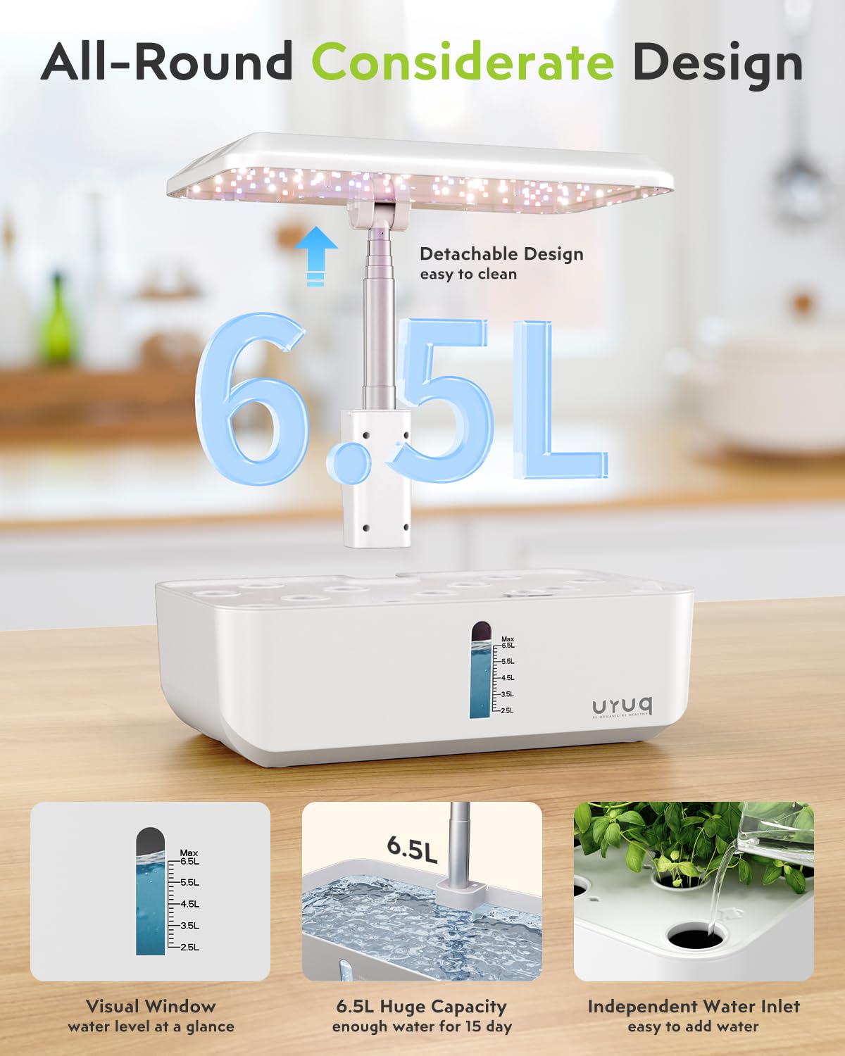 URUQ 12-pod hydroponics water level window helps timely refills.
