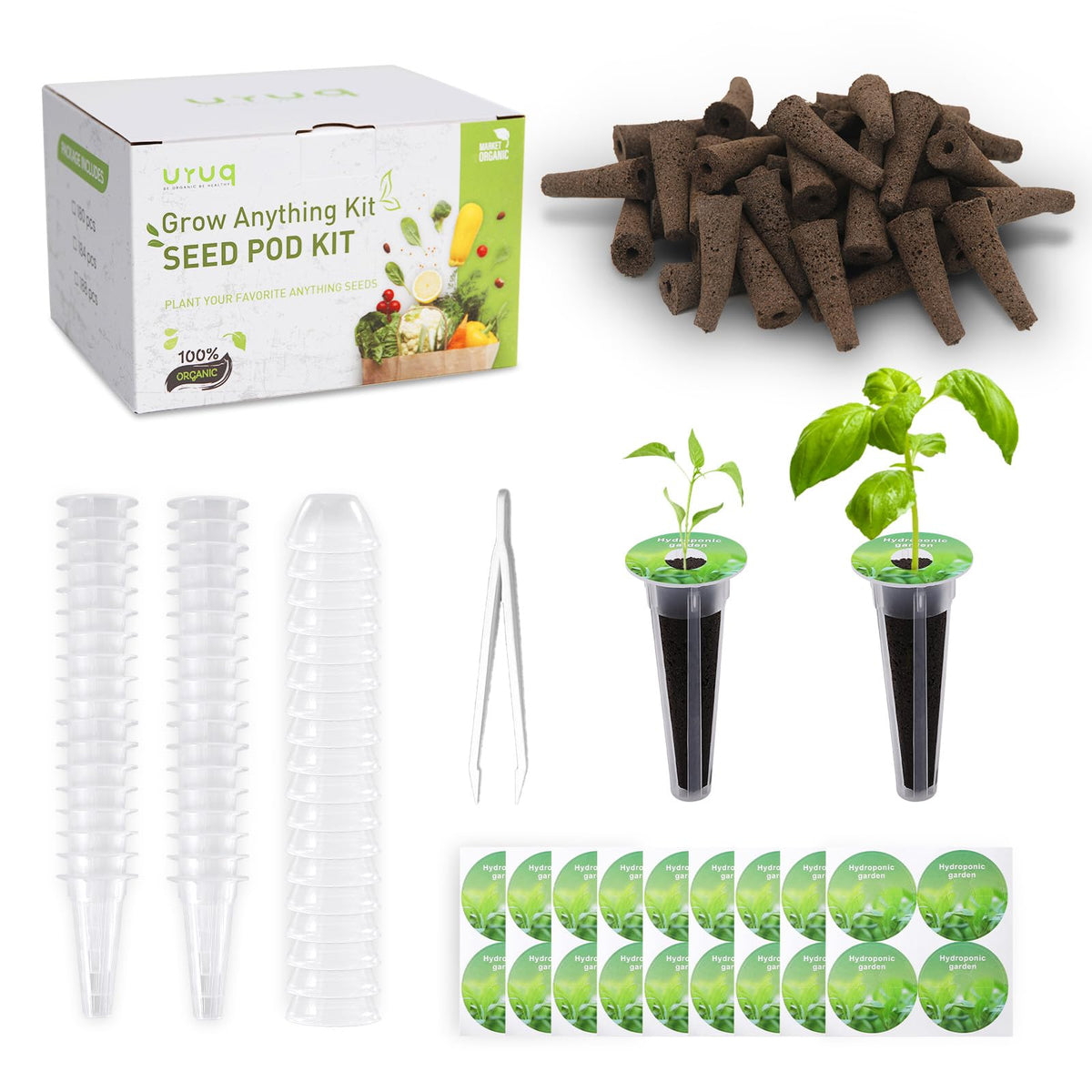 URUQ 140Pcs hydroponic pod kit: full setup for home herb growing.