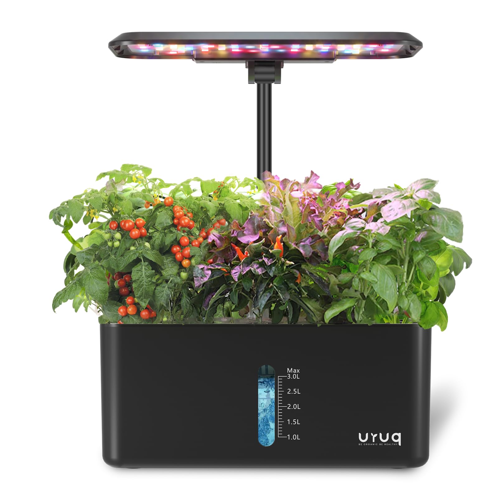 URUQ 8-pod hydroponic garden front view for compact kitchen gardening.