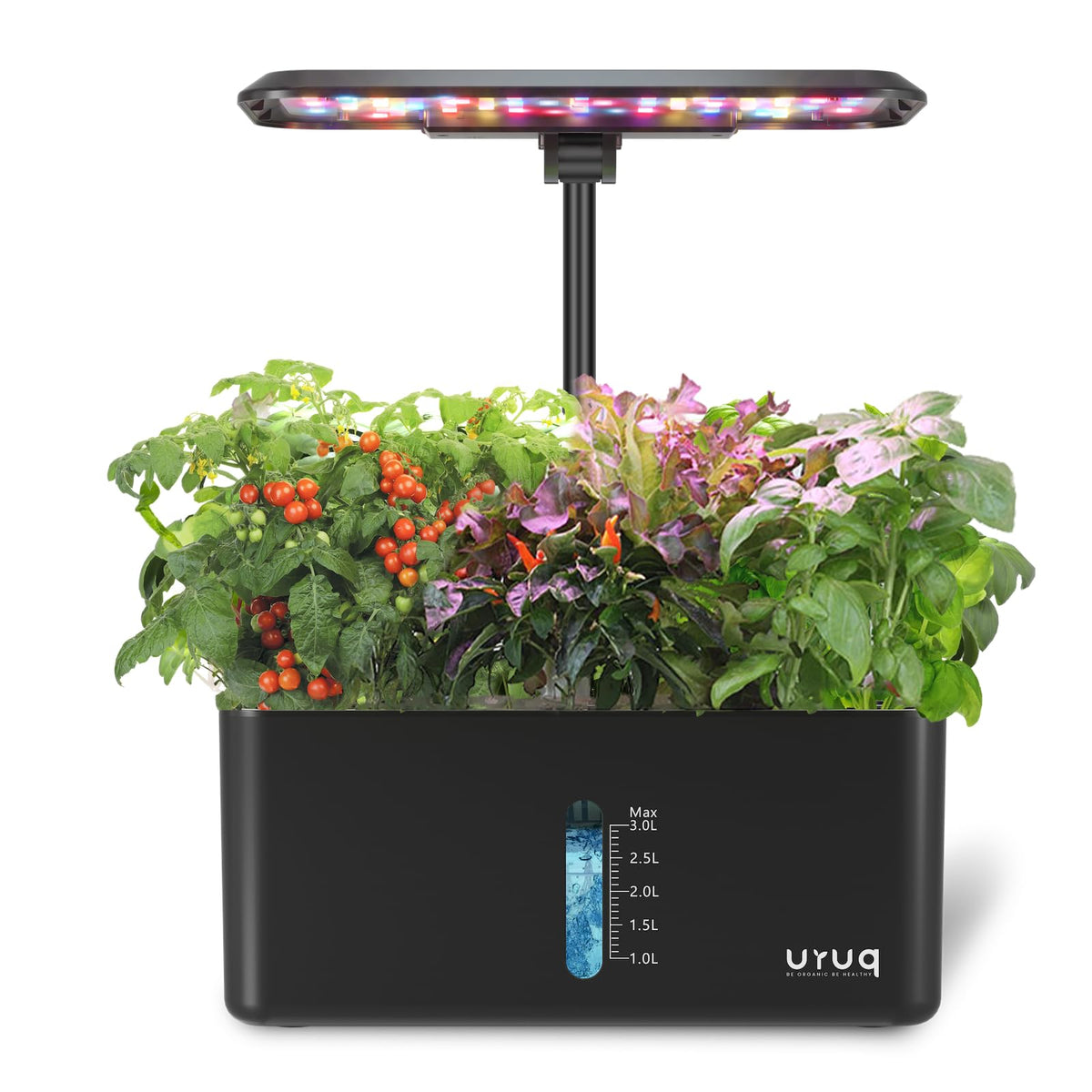 URUQ 8-pod hydroponic garden front view for compact kitchen gardening.