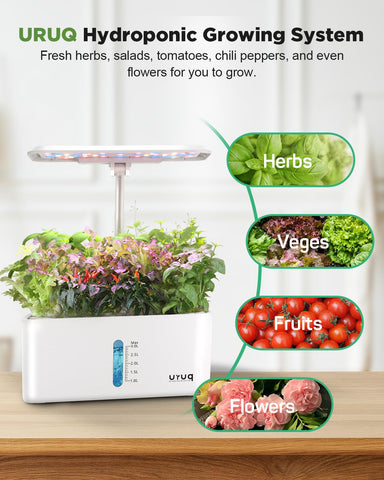URUQ Hydroponics 8-pod starter kit ideal for growing herbs and greens.