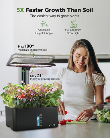 URUQ hydroponics compact design on windowsill supports year-round herbs.