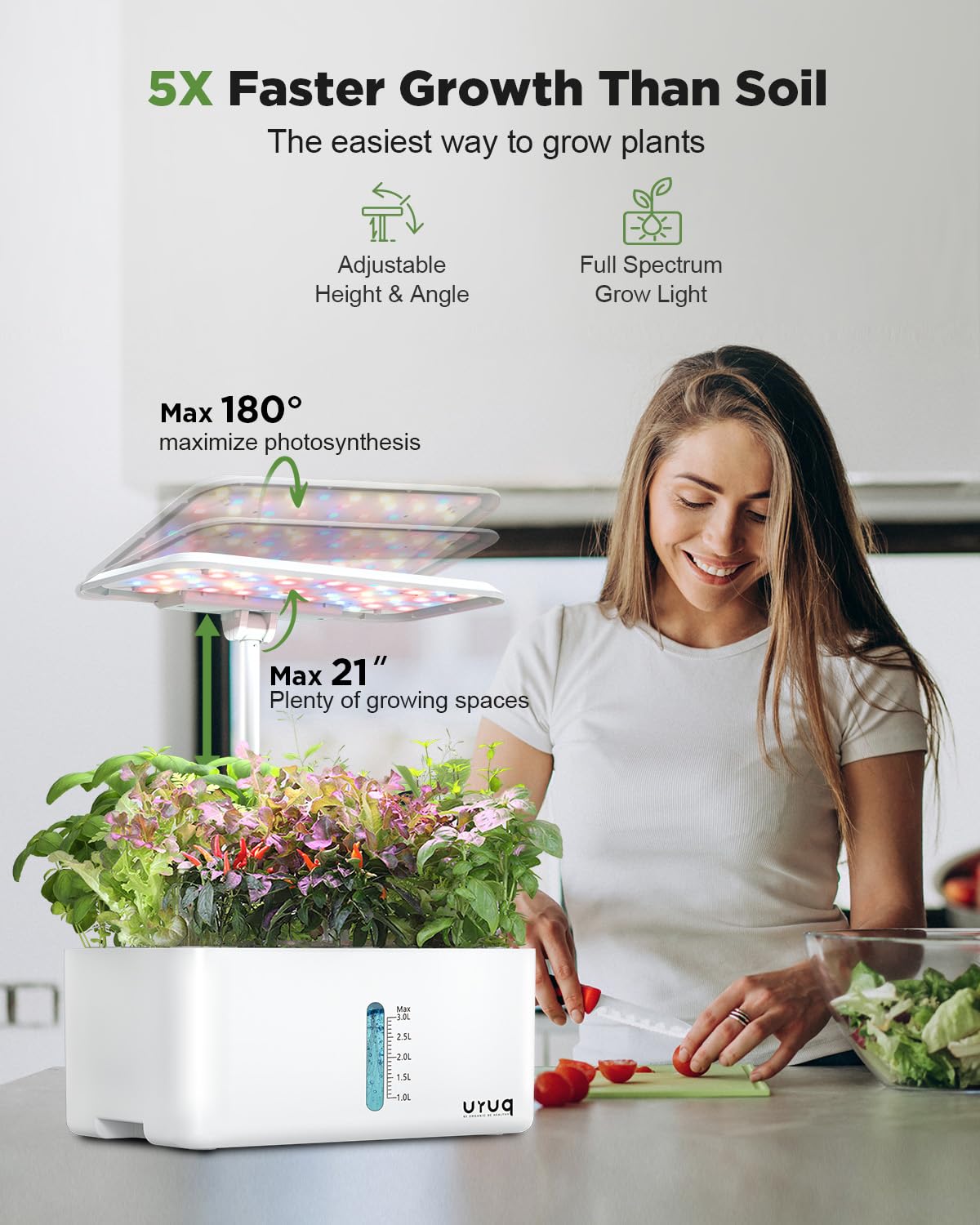 URUQ Hydroponics LED grow-light panel highlighting broad light coverage for healthy foliage.