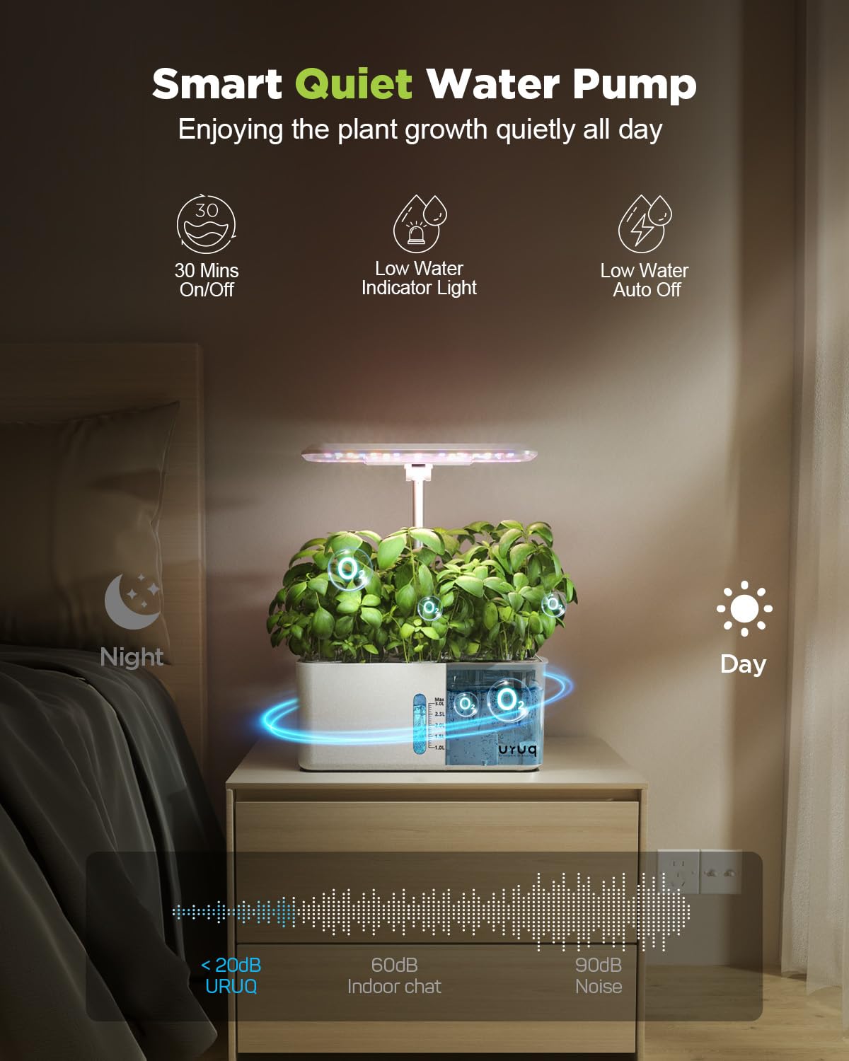 URUQ Hydroponics quiet water pump depicted for near-silent operation.