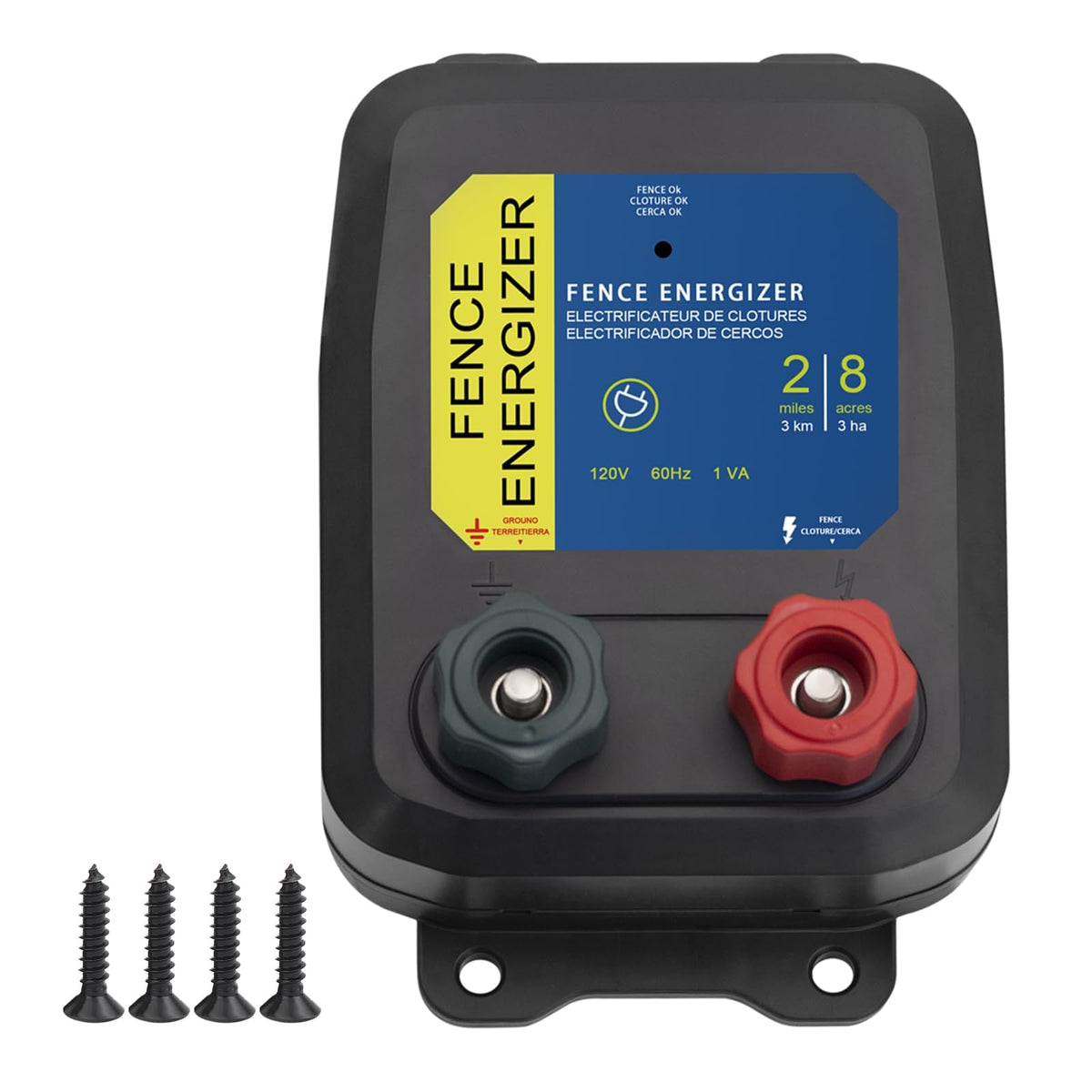 URYKEC PE2 electric fence charger front view with power indicator light for quick setup.
