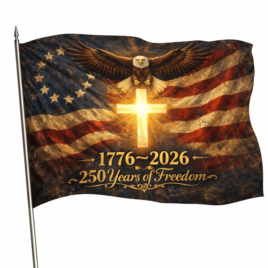 US 250 flag front view showing durable double sided 3 ply fabric for outdoor display