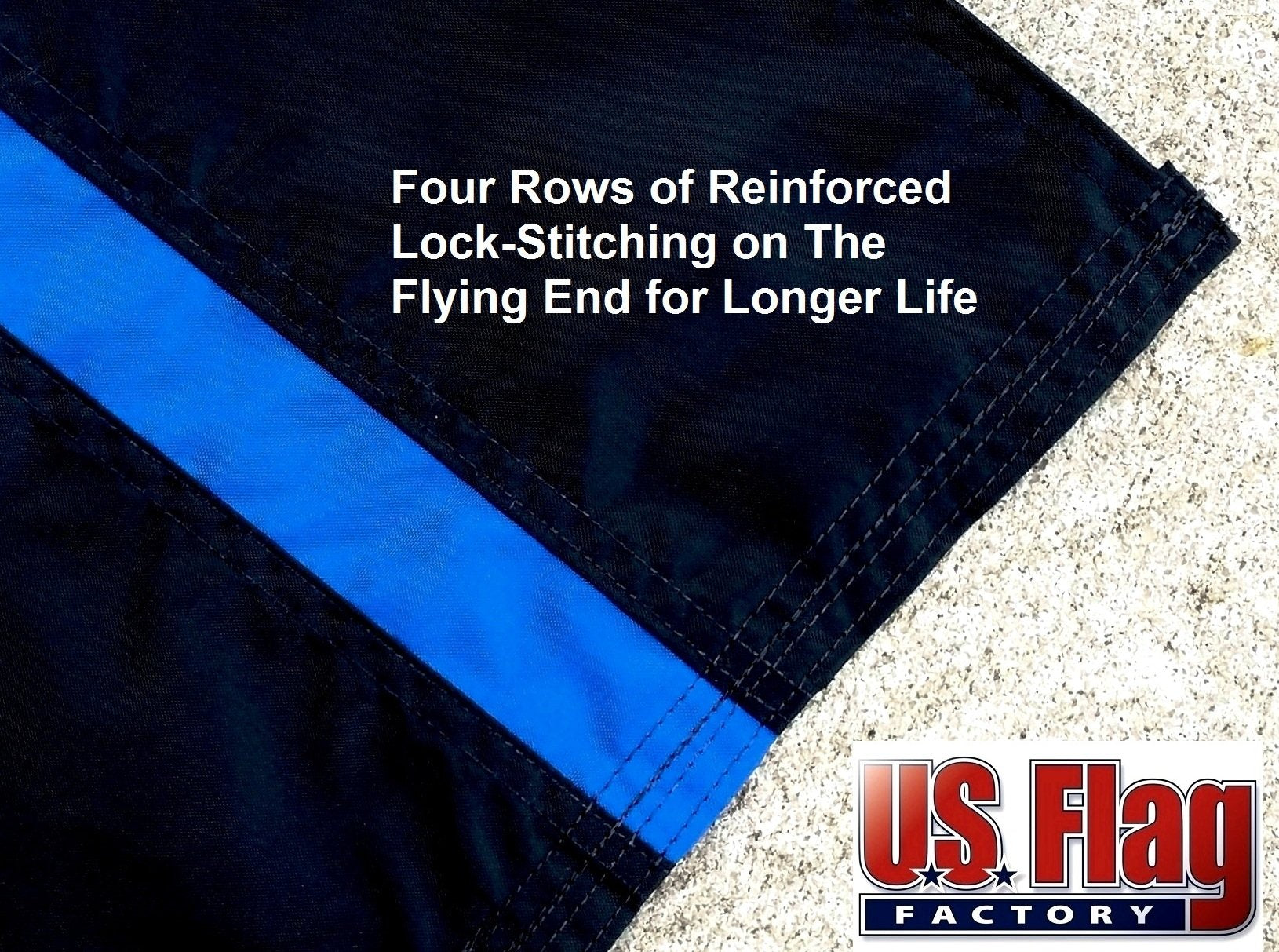 US Flag Factory heavy header closeup demonstrates reinforced stitching for outdoor use.
