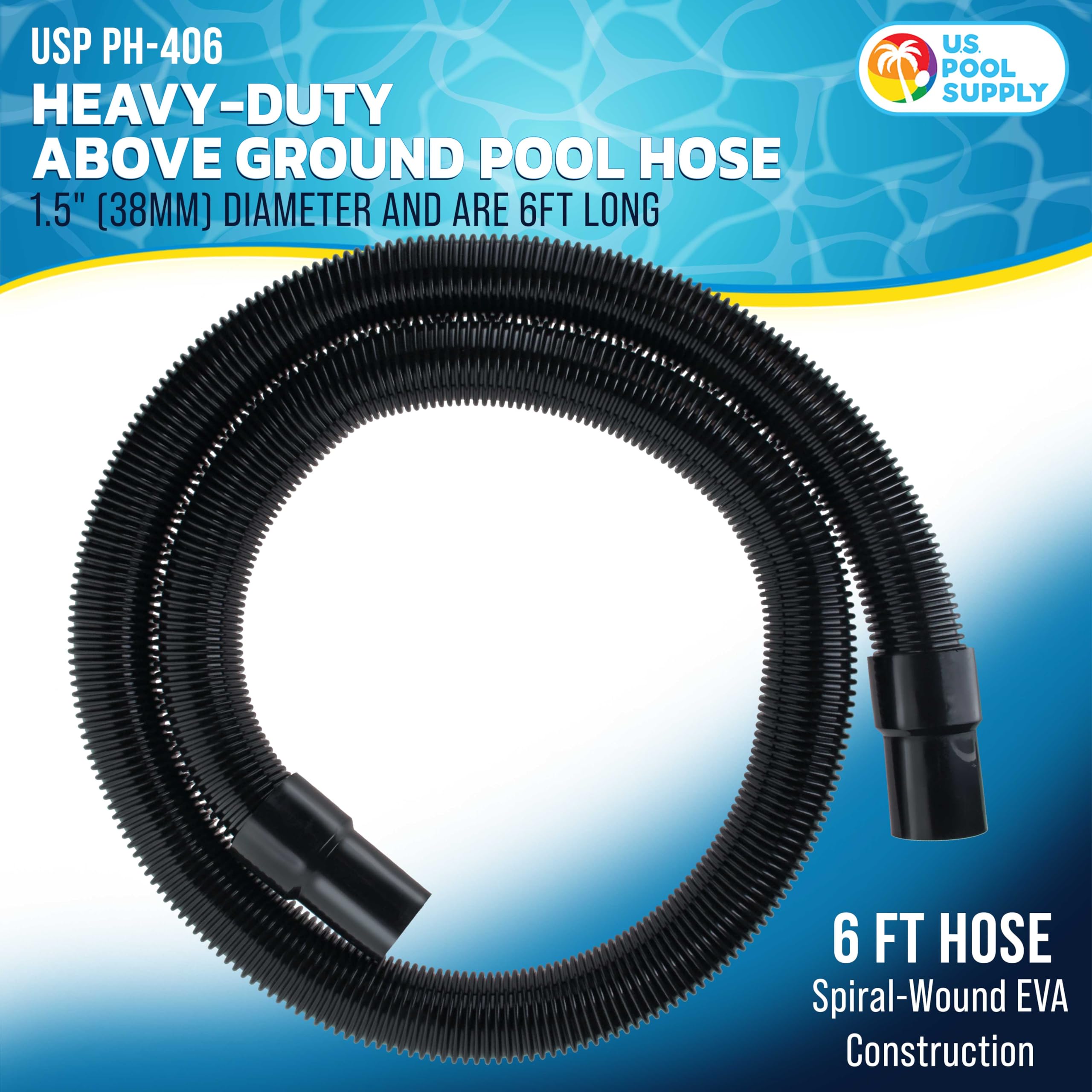 US Pool Supply 1.5-inch hose with reinforced cuffs for leak-proof fittings.