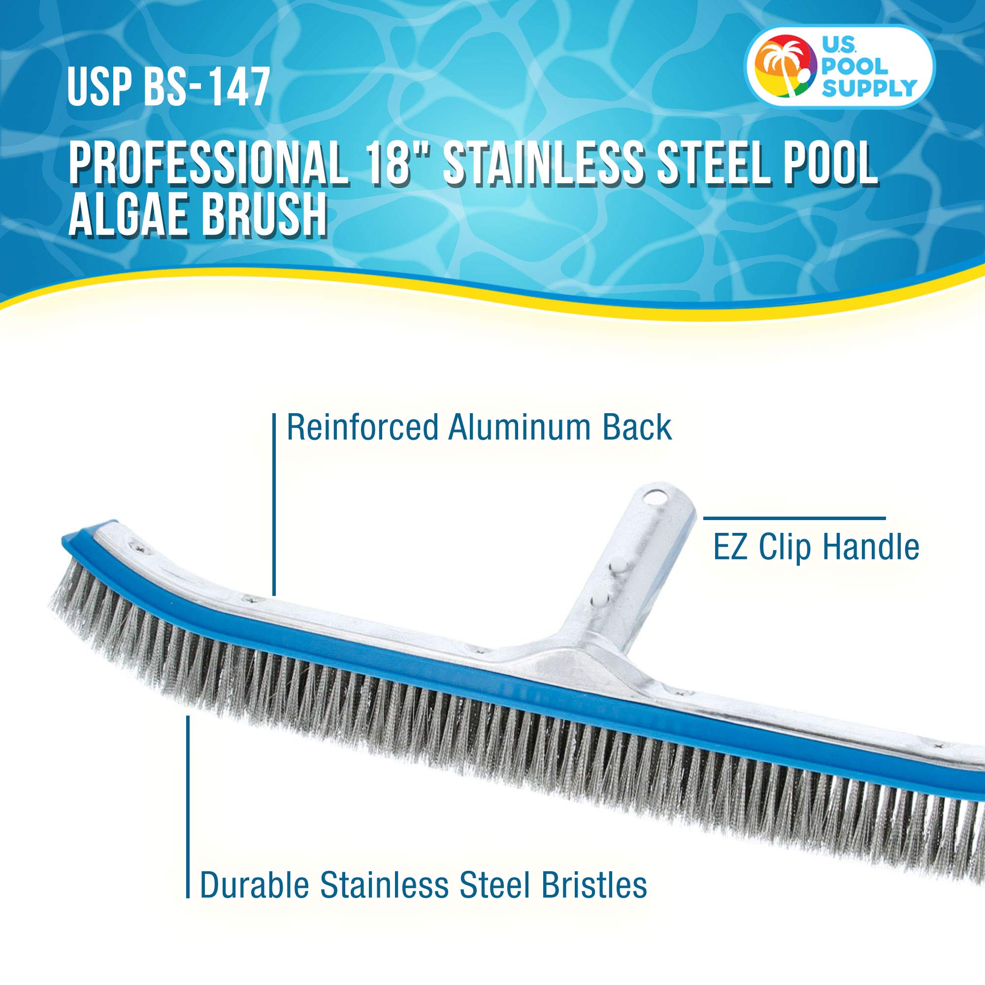 U.S. Pool Supply brush uses stainless steel wire bristles to remove calcium and rust from concrete.