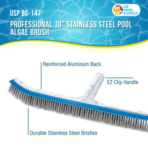 U.S. Pool Supply brush uses stainless steel wire bristles to remove calcium and rust from concrete.